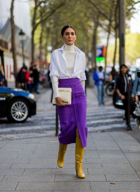 STYLECASTER | How to Wear Clashing Colors | White Button Down with White Turtleneck and a Purple Mid-Calf Skirt