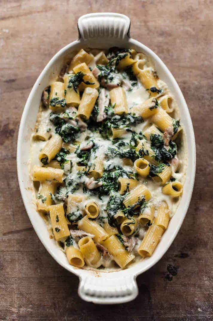 STYLECASTER | 17 Easy Baked Pasta Recipes That Are Cozy AF | Creamy Chicken Pasta With Spinach and Fontina Cheese
