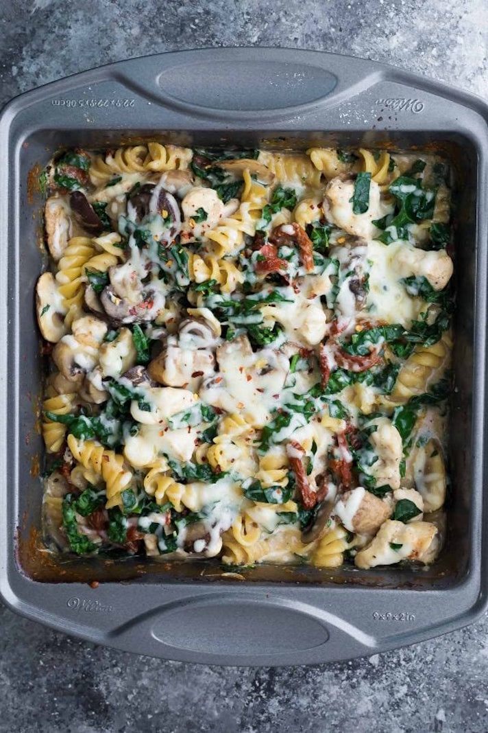STYLECASTER | 17 Easy Baked Pasta Recipes That Are Cozy AF | One-Pan Tuscan Chicken Pasta Bake