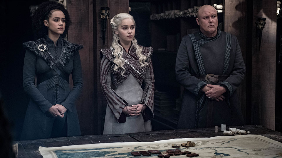 Nathalie Emmanuel, Emilia Clarke, Conleth Hill in "Game Of Thrones"