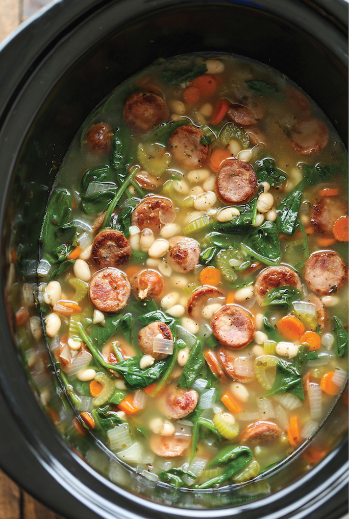 STYLECASTER | 17 Slow-Cooker Soups with Tons of Fresh Greens | Sausage, Spinach, and White Bean Soup