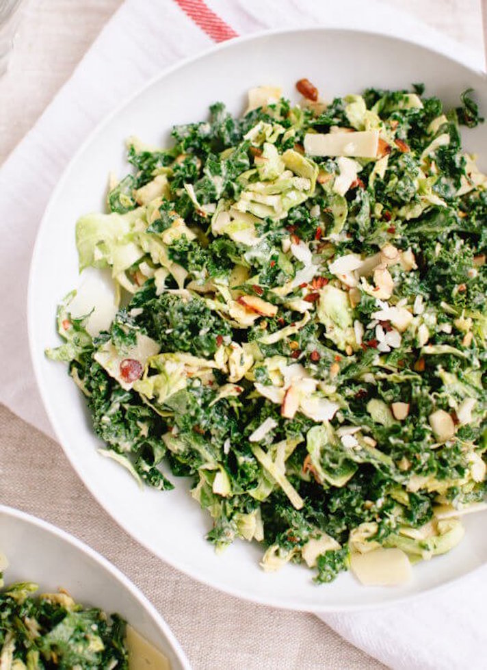 STYLECASTER | 17 No-Cook Dinners For Busy Weeknights | Raw Kale and Brussels Sprout Salad With Tahini Dressing