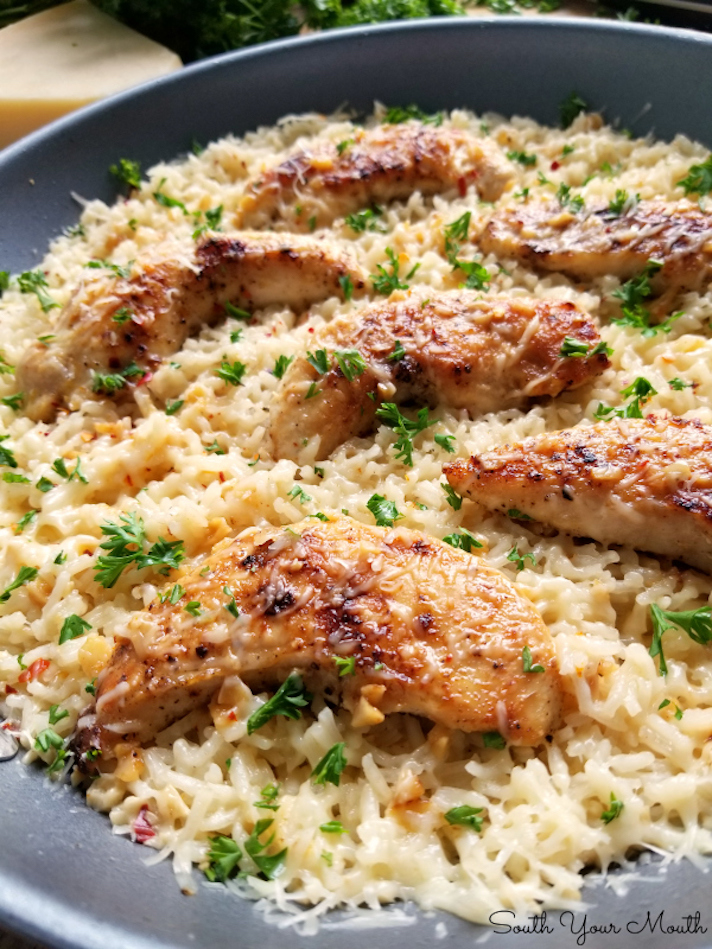 STYLECASTER | Easy Weeknight Chicken Recipes That Are Perfect for Fall | Chicken Scampi With Garlic Parmesan Rice