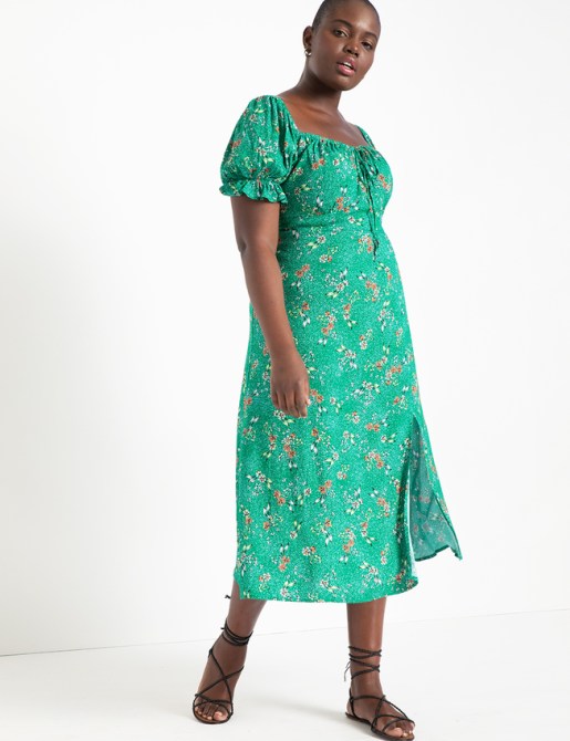 STYLECASTER | Eloquii Spring 2020 Sale | green puff sleeve dress