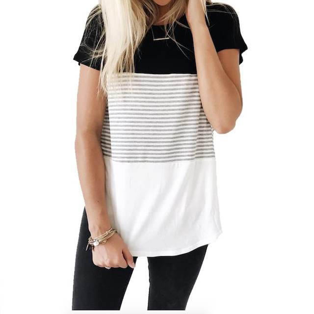 YunJey Round Neck Triple Color Block Stripe T-Shirt