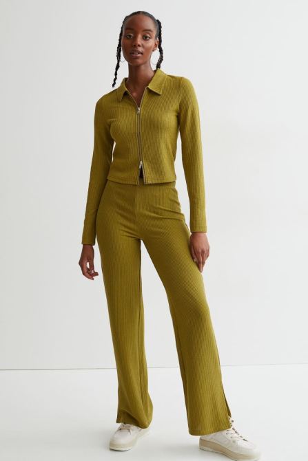 Wide-cut Slit-hem Jersey Pants