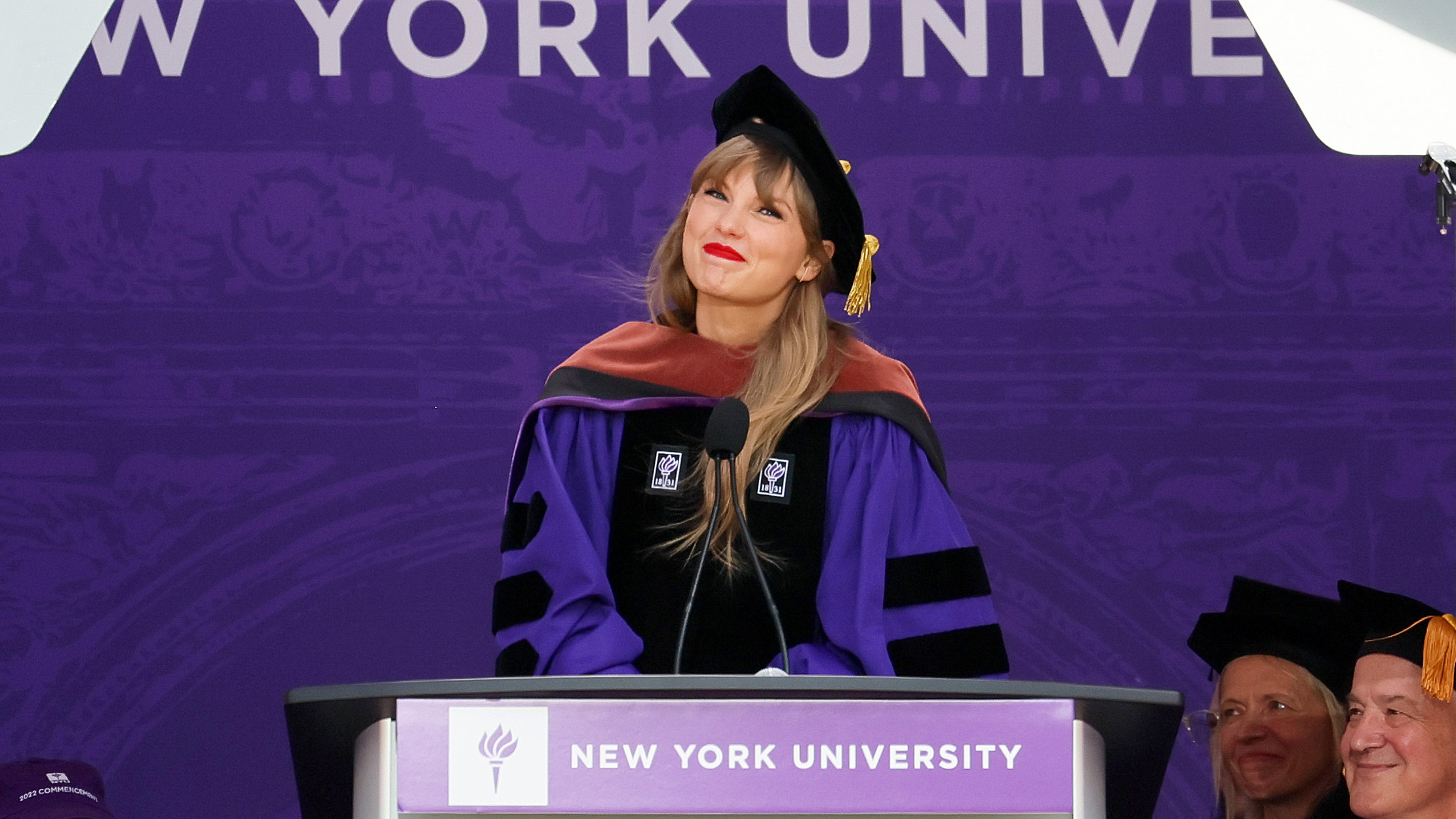 NEW YORK, NEW YORK - MAY 18: Taylor Swift delivers the New York University 2022 Commencement Address at Yankee Stadium on May 18, 2022 in New York City.