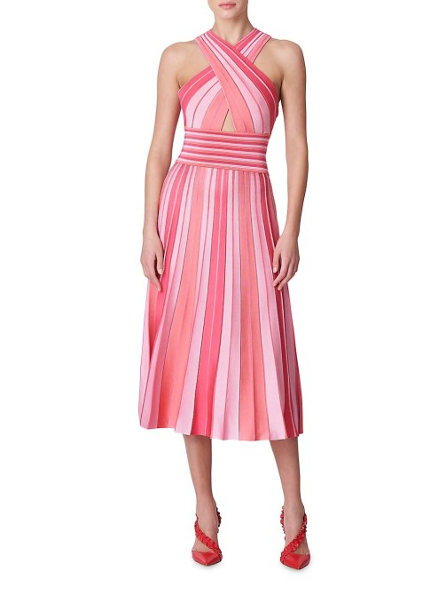 Carolina Herrera Striped Pleated Crisscross Midi-Dress Saks Fifth Avenue