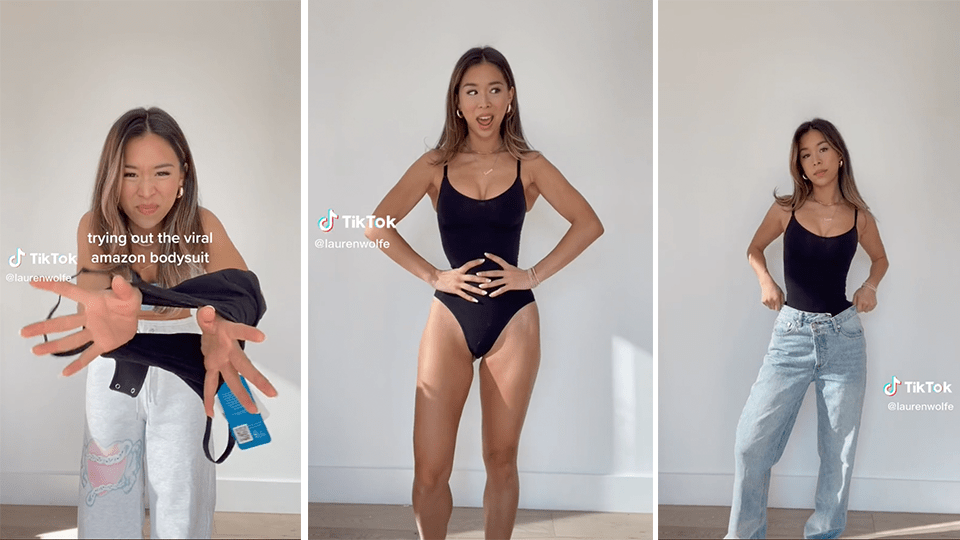 Lauren Wolfe trying on the black SHAPERX Shapewear Bodysuit in a TikTok video.