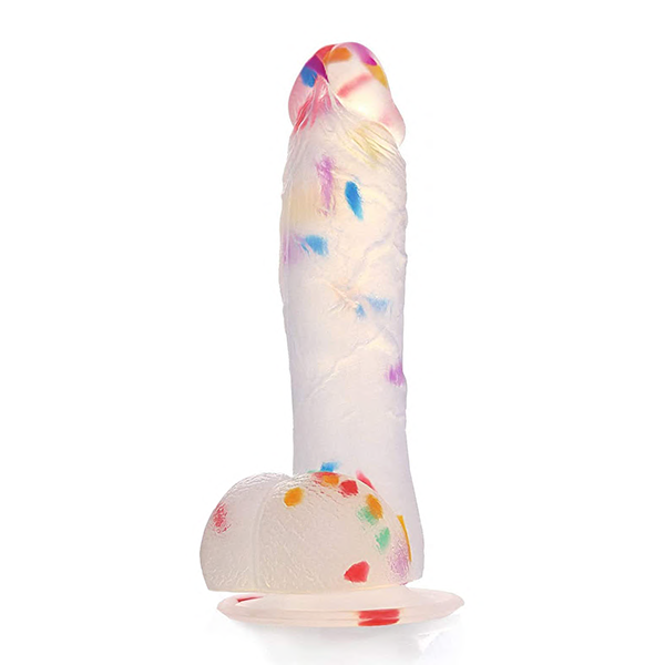 A realistic dildo that's see-through and filled with confetti