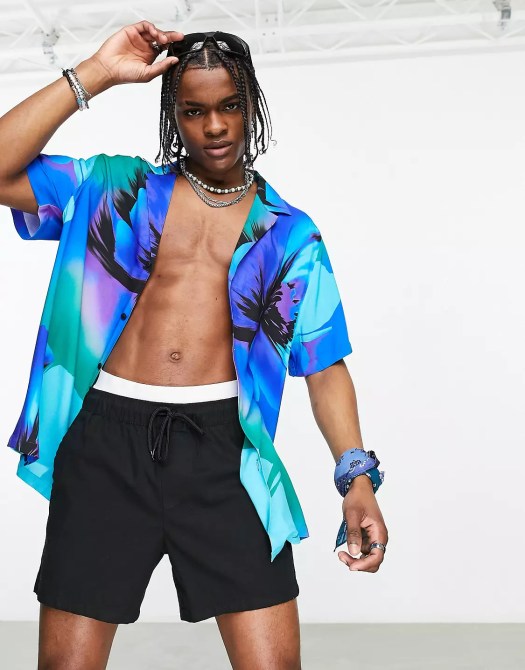 ASOS relaxed deep revere shirt in blue photographic floral