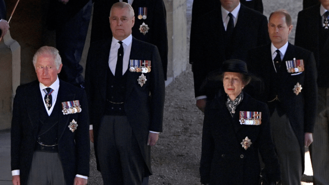 King Charles, Prince Andrew, Princess Anne, Prince Edward.