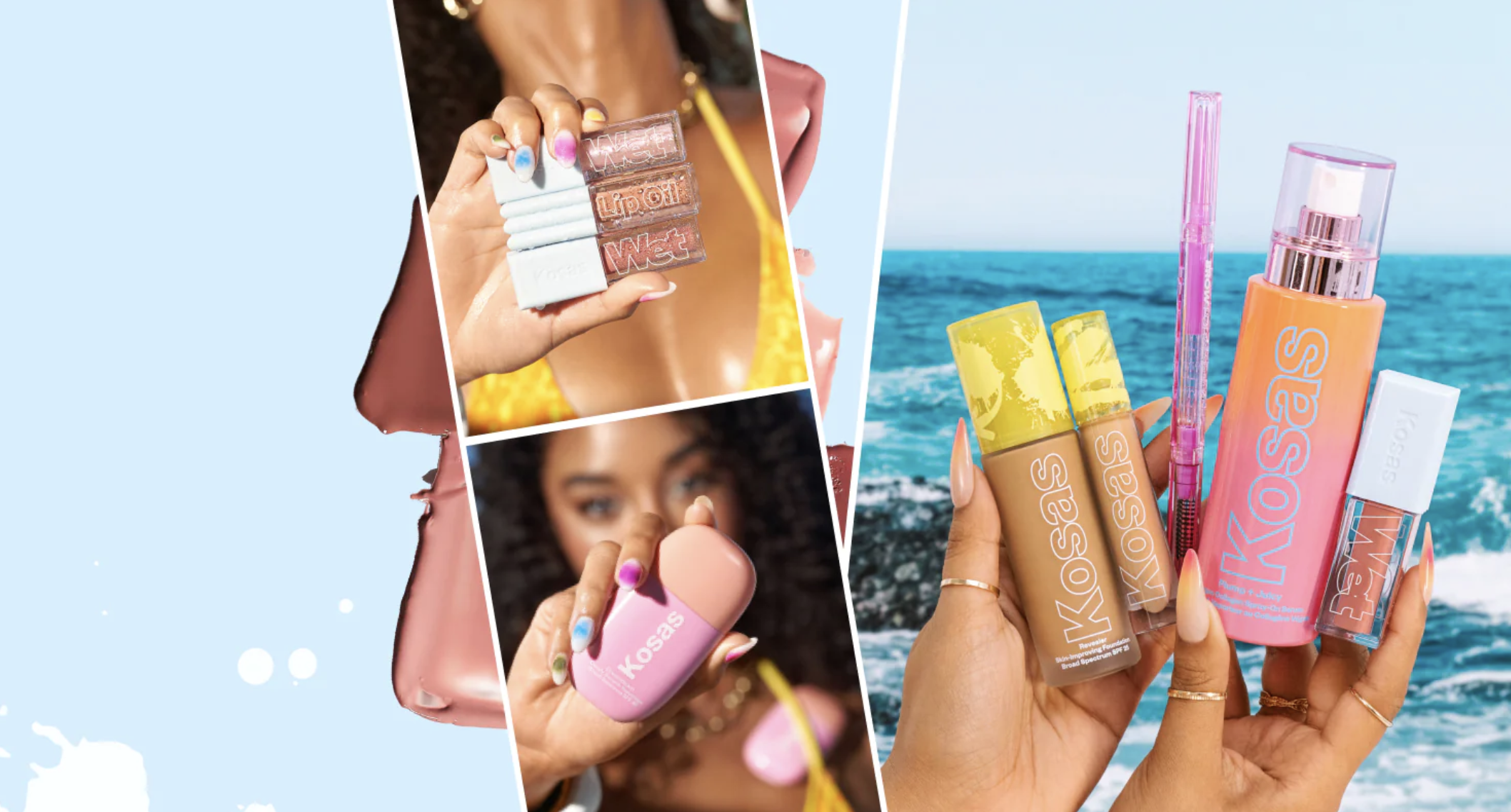 Models holding Kosas lip products, sunscreen, foundation, concealer, brown pencil, serum spray, and lip gloss.