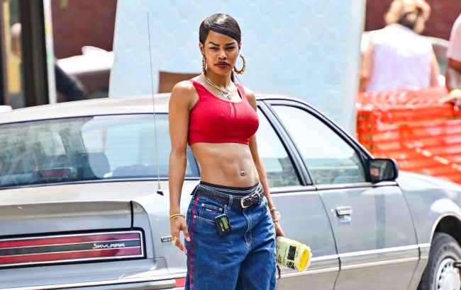 Teyana Taylor low-rise jeans and boxers