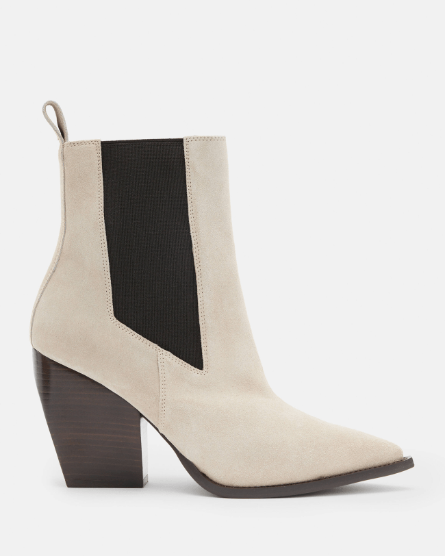 AllSaints Ria Pointed Suede Heeled Boots in Taupe Grey