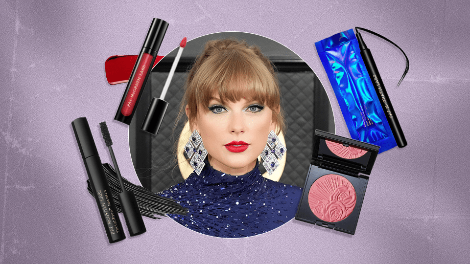 A photo of Taylor Swift on a red carpet wearing a blue gown, big earrings, blue eyeshadow, and a red lip, surrounded by Pat McGrath Labs makeup products she has used