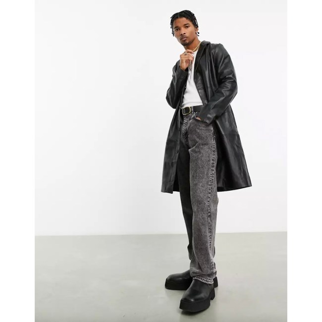 ASOS DESIGN real leather trench coat in black