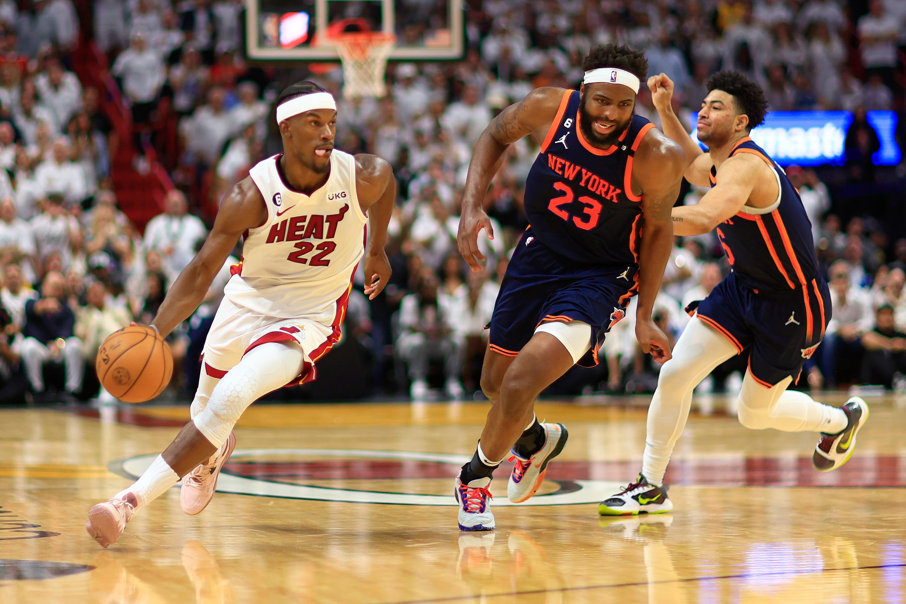 MIAMI, FLORIDA - MAY 12:  Jimmy Butler #22 of the Miami Heat looks to pass during game six of the Eastern Conference Semifinals in the 2023 NBA Playoffs against the New York Knicks at Kaseya Center on May 12, 2023 in Miami, Florida. (Photo by Mike Ehrmann/Getty Images)
