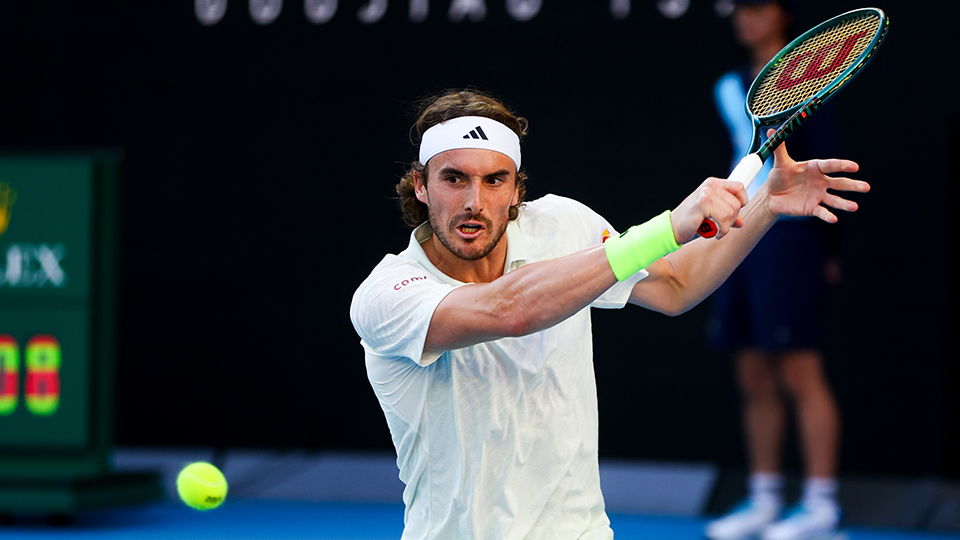 MELBOURNE, AUSTRALIA - JANUARY 11, 2024: Stefanos Tsitsipas of Greece plays against Novak Djokovic of Serbia during a charity match ahead of the 2024 Australian Open at Melbourne Park on January 11, 2024 in Melbourne, Australia. (Photo credit should read Chris Putnam/Future Publishing via Getty Images)