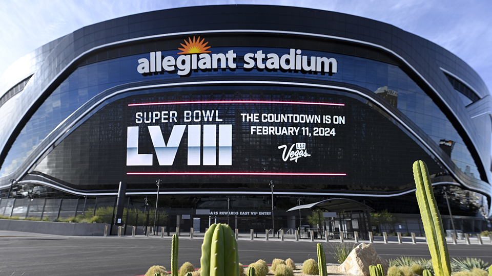 Allegiant Stadium with a Super Bowl LVIII banner
