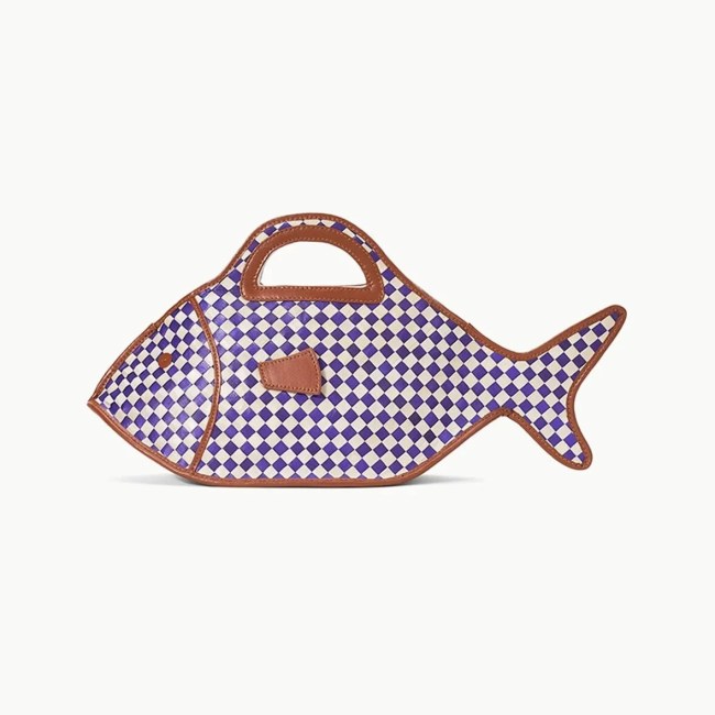 A woven blue, white and tan fish handled bag.