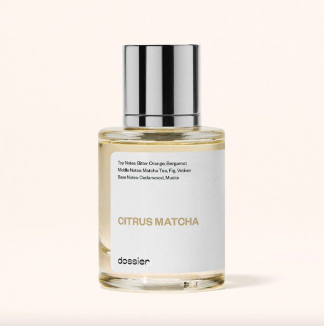 Dossier's Citrus Matcha perfume in a clear bottle with a silver cap