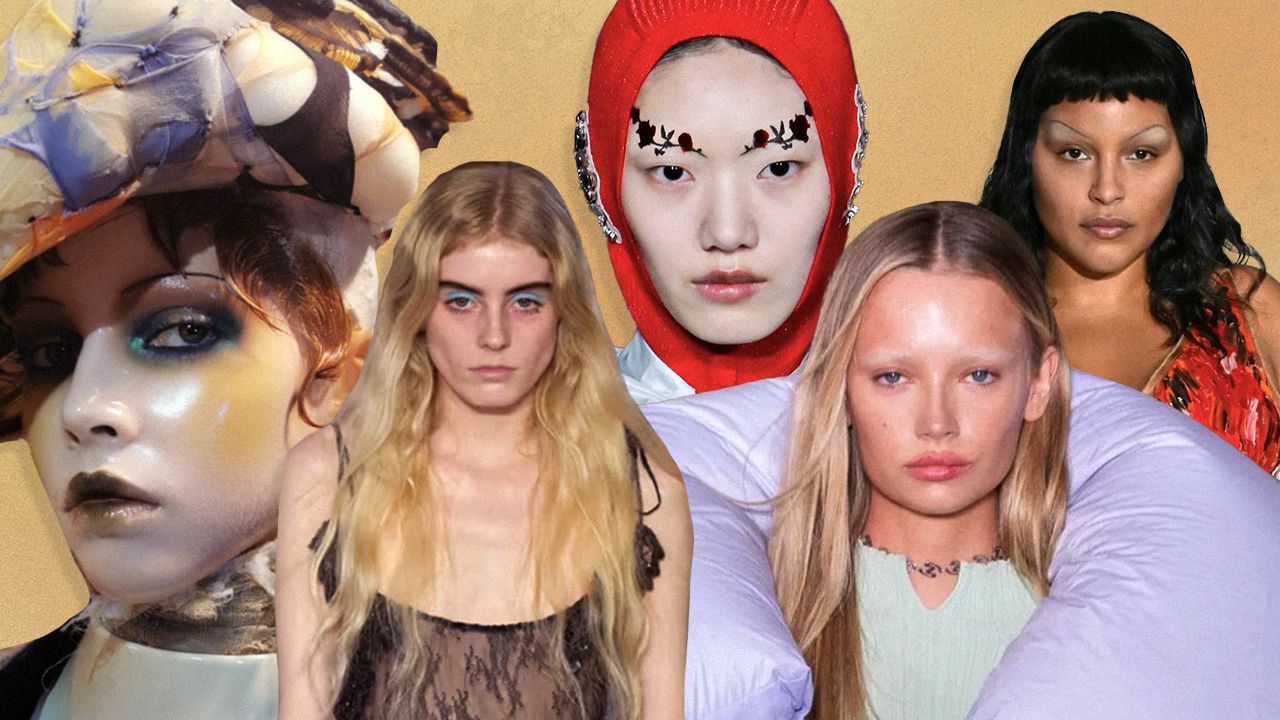 Eyebrow trends collaged on a gold background: pencil eyebrows, bleached brows, rosette brows.