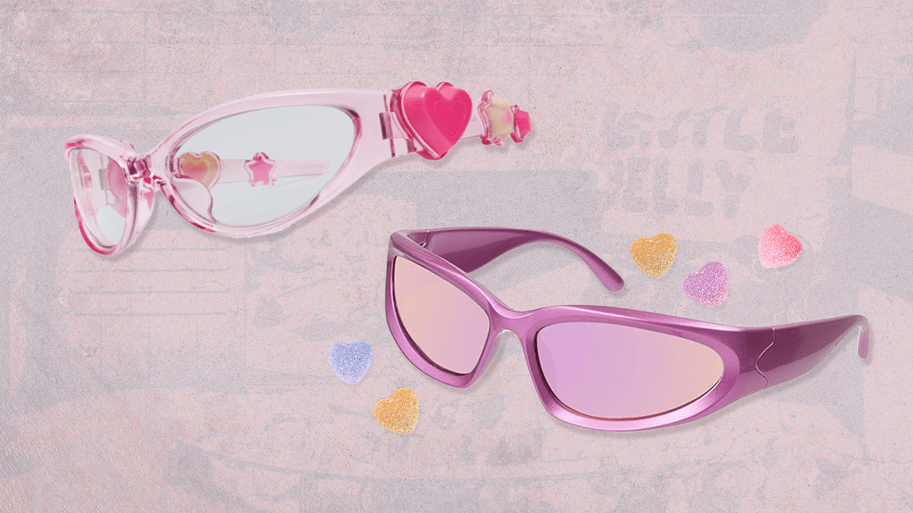 Gentle Monster Jelly sunglasses to the left of dupe pink sport sunglasses surrounded by heart gummy charms.