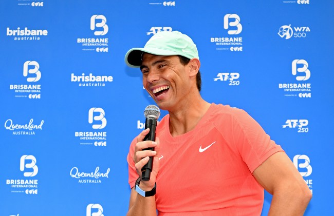 Rafael Nadal speaks at the Queen Street Mall ahead of the 2024 Brisbane International at Queensland Tennis Centre on December 29, 2023 in Brisbane, Australia.