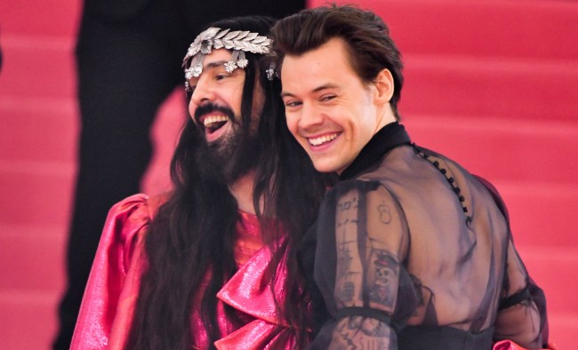 Harry Styles (R) arrives to The 2019 Met Gala Celebrating Camp: Notes on Fashion at Metropolitan Museum of Art on May 6, 2019 in New York City.