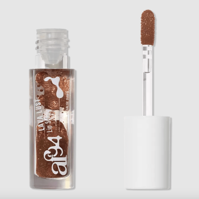 A brown colored lip stain that resembles a lava lamp in a clear bottle.