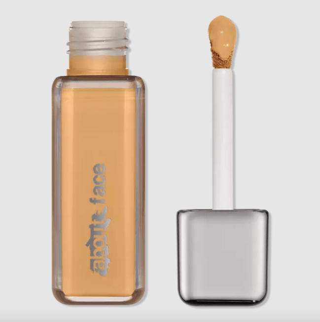 about-face's The Perfomer foundation in a rectangular glass bottle with a doe foot applicator.
