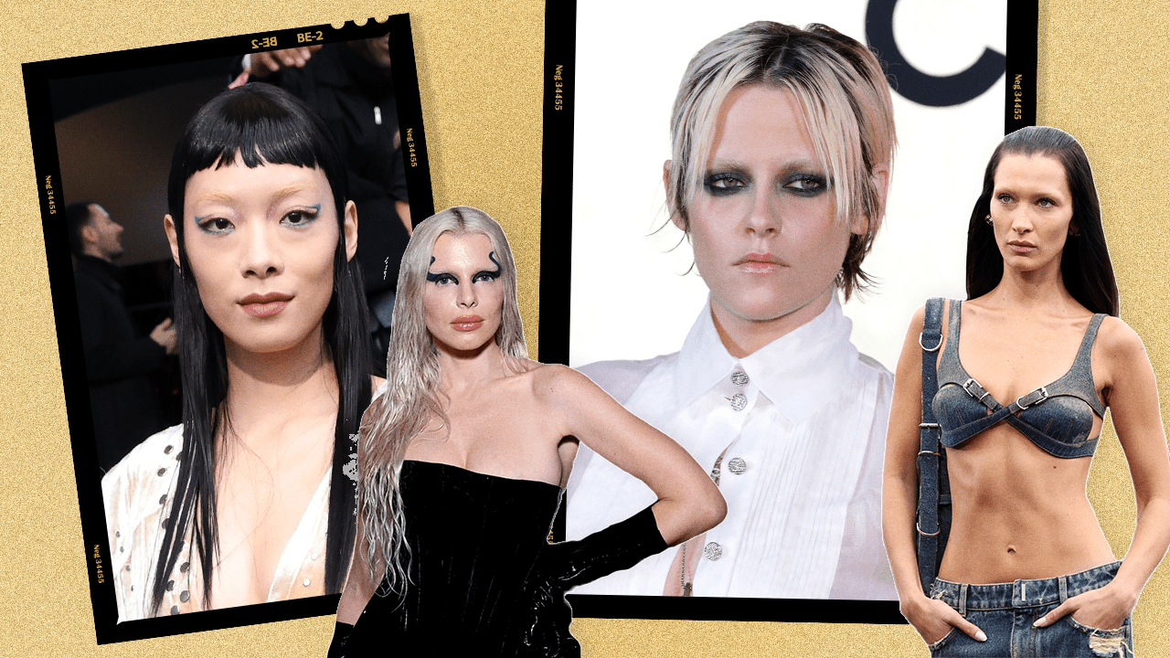 Rina Sawayama, Julia Fox, Kristen Stewart, and Bella Hadid all with bleach blonde eyebrows.