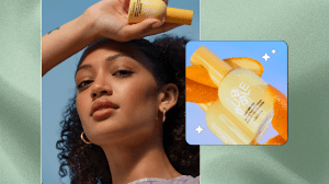 Model holding Bubble Skincare's Day Dream Vitamin C Serum and a product shot of the face serum