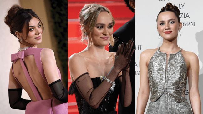 Hailee Steinfeld, Lily Rose Depp, and Maude Apatow wearing elegant updos.