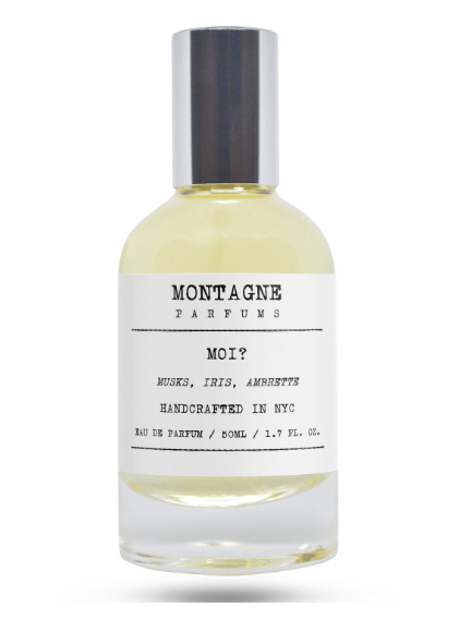 Moi? by Montagne Parfums in a clear bottle with a long silver cap.