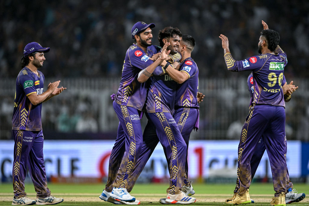 Kolkata Knight Riders' players celebrate after winning the Indian Premier League (IPL) Twenty20 cricket match between Kolkata Knight Riders and Sunrisers Hyderabad at the Eden Gardens in Kolkata on March 23, 2024. (Photo by DIBYANGSHU SARKAR / AFP) / -- IMAGE RESTRICTED TO EDITORIAL USE - STRICTLY NO COMMERCIAL USE -- (Photo by DIBYANGSHU SARKAR/AFP via Getty Images)