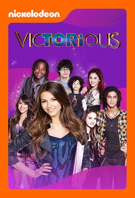 Victoria Justice and the rest of the cast with a purple background and the title "Victorious" in big letters on top.