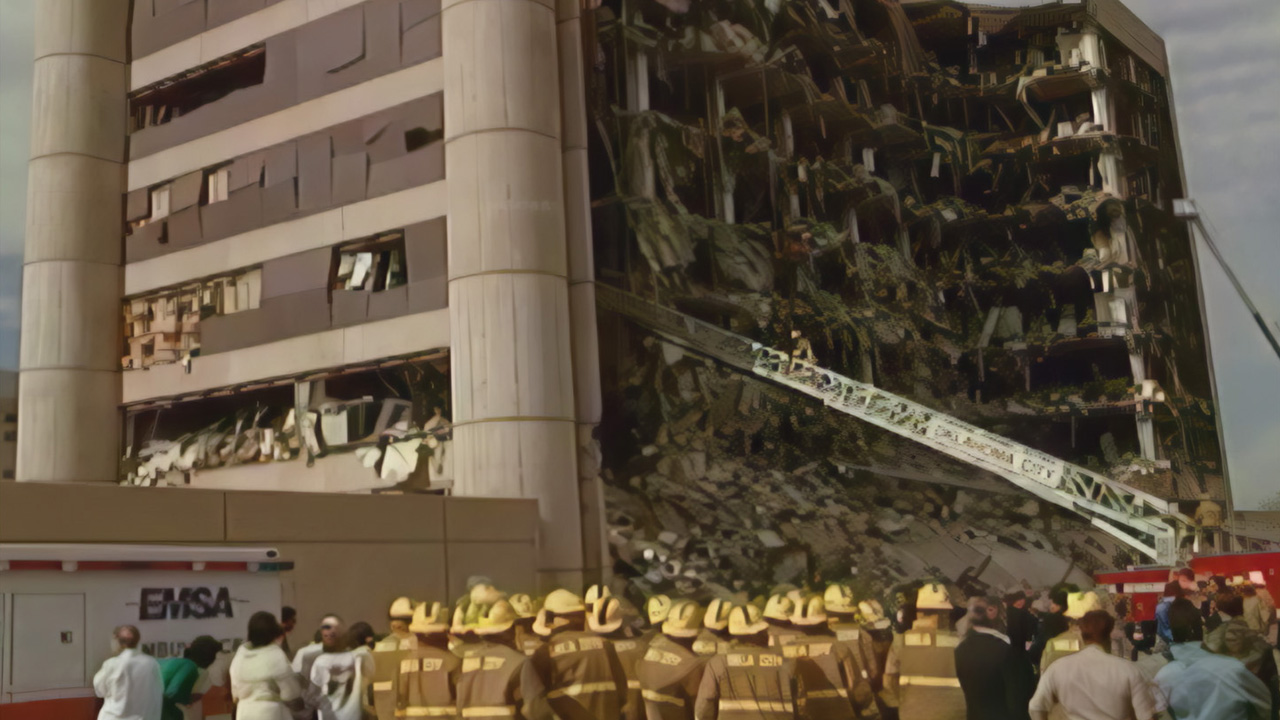 The Oklahoma City Alfred P. Murrah Federal Building bombing aftermath.