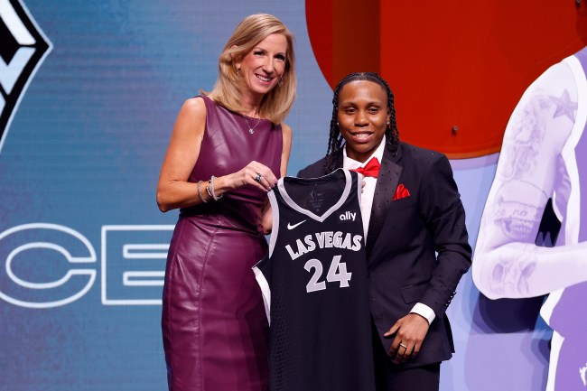 NEW YORK, NEW YORK - APRIL 15: Dyaisha Fair poses with WNBA Commissioner Cathy Engelbert after being selected 16th overall pick by the Las Vegas Aces during the 2024 WNBA Draft at Brooklyn Academy of Music on April 15, 2024 in New York City. (Photo by Sarah Stier/Gett