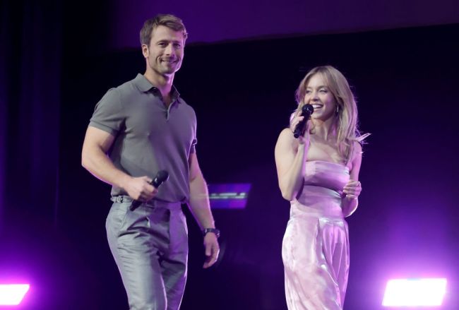 Glen Powell and Sydney Sweeney speak during Opening Night and Sony Pictures Entertainment Presentation at The Colosseum at Caesars Palace during CinemaCon, the official convention of the National Association of Theatre Owners, on April 24, 2023, in Las Vegas, Nevada.