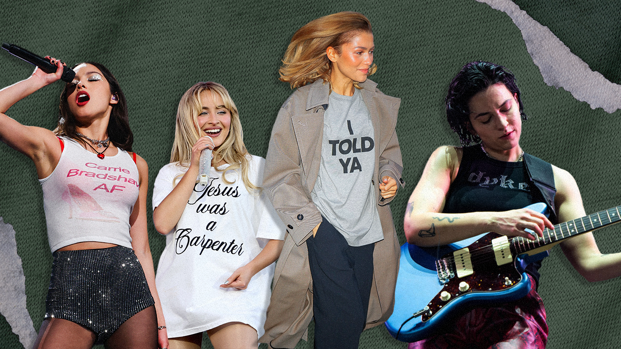Olivia Rodrigo, Sabrina Carpenter, Zendaya, and Josette wearing slogans on their clothes.