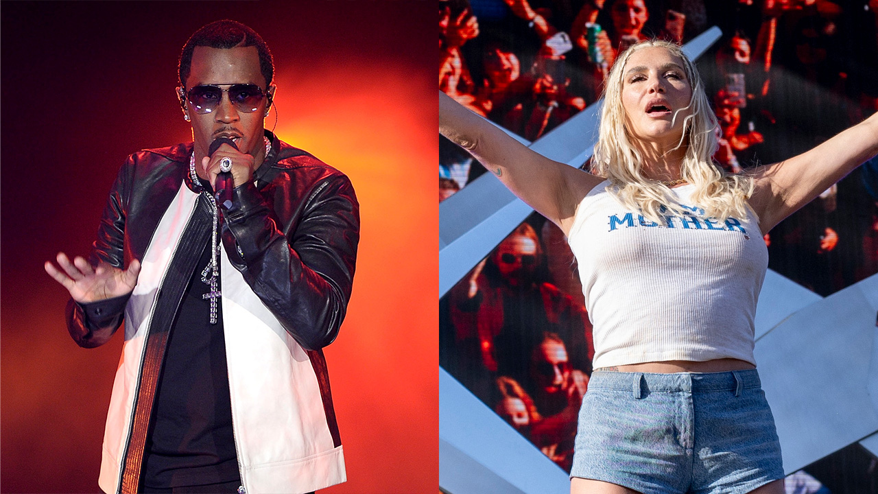 Diddy, a Black man in a leather jacket and sunglasses singing, and Kesha, a white woman with blonde hair and a tank top performing at Coachella