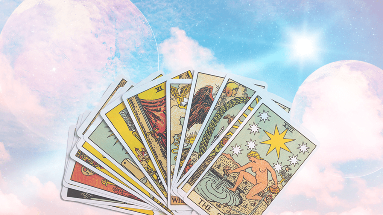A series of Tarot cards that will indicate your weekly horoscope against a cosmic backdrop