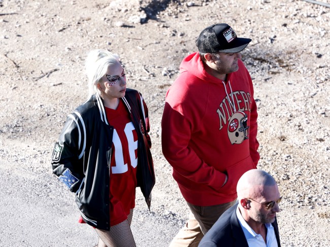 Singer, Songwriter, and actress Lady Gaga and her boyfriend, CEO of the Parker Group Michael Polansky, right, arrive to Allegiant Stadium showing their love for the San Francisco 49ers prior to the start of Super Bowl LVIII against the Kansas City Chiefs at Allegiant Stadium on February 11, 2024 in Las Vegas, Nevada. The Chiefs defeated the 49ers 25 to 22 in OT. 