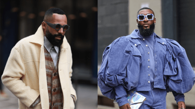 Left: Jean-Claude Mpassy is seen wearing a beige wool jacket with a large collar, a brown and gray striped cardigan with a V-neck, a blue shirt underneath with washed-out blue jeans, black patent leather boots by Prada and round gray sunglasses during the Sacai Show Menswear Fall/Winter 2024/2025 as part of Paris Fashion Week on January 21, 2024 in Paris, France. Right: A guest wears sunglasses, a purple oversized puff shoulders corduroy jacket, a t-shirt, flared pants , silver pointed shoes , outside Area, during New York Fashion Week, on February 11, 2024 in New York City.