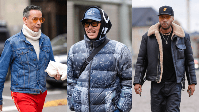 Left: A guest wears orange sunglasses, a white ribbed wool pullover , a blue denim jacket, red sportswear pants , outside Altuzarra, during New York Fashion Week, on February 11, 2024 in New York City. Middle: A guest wears a blue cap, a hoodie sweater, a blue winter puffer jacket with printed geometric patterns , sunglasses , outside Sacai, during the Menswear Fall/Winter 2024/2025 as part of Paris Fashion Week on January 21, 2024 in Paris, France. Left: A guest wears a cap, glasses, a brown aviator jacket with fluffy sheep wool inner lining , a necklace, a black top, black pants , leather shoes , outside Wood Wood, during the Copenhagen Fashion Week AW24 on January 31, 2024 in Copenhagen, Denmark.