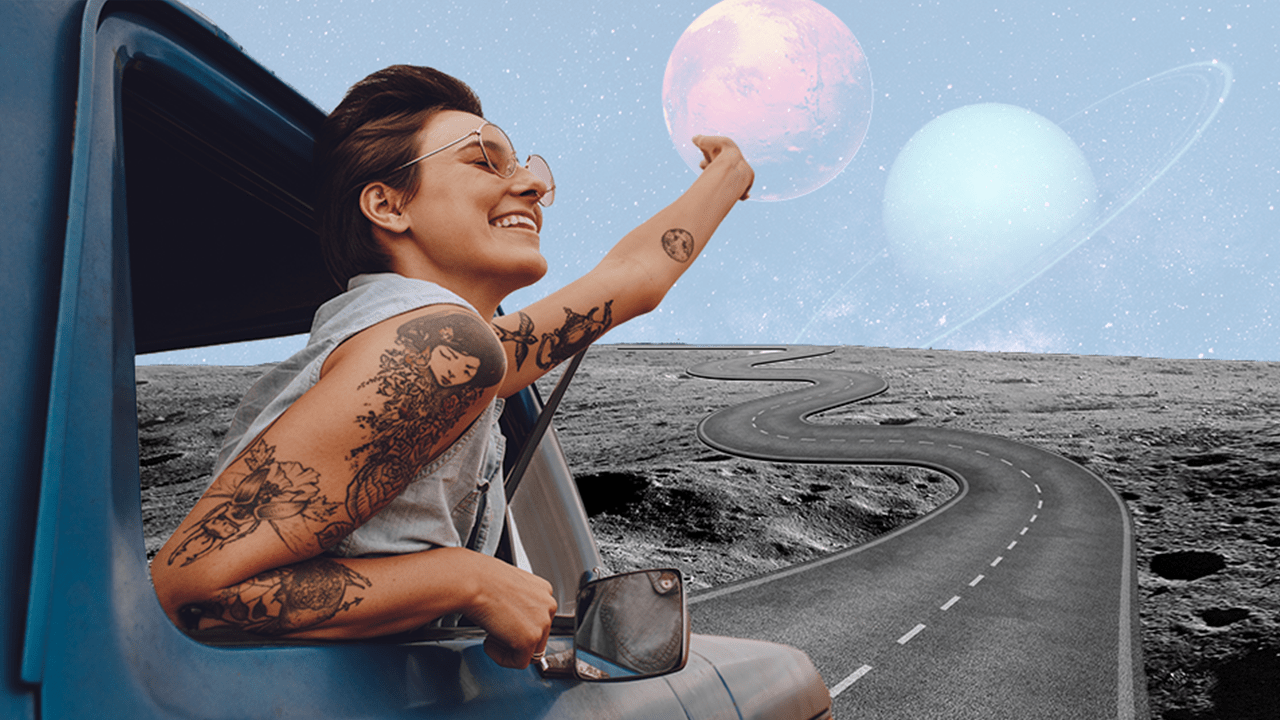 A woman having an adventure while driving her car across the moon, thinking about what her weekly horoscope has in store for her zodiac sign