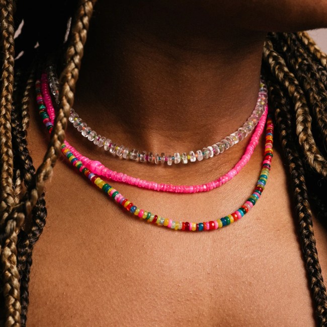 A model wearing Local Eclectic's Beaded Gemstone Necklace in multiple colors