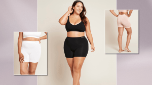 Three models wearing Boody's Smoothing Shorts in white, black, and nude colorways.